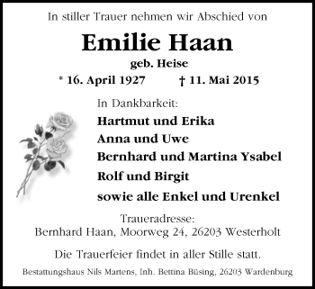Traueranzeige von Emilie Haan von Nordwest-Zeitung