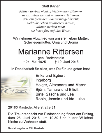 Traueranzeige von Marianne Rittersen von Nordwest-Zeitung