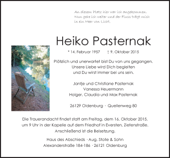 Traueranzeige von Heiko Pasternak von Nordwest-Zeitung