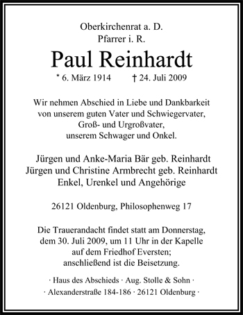 Traueranzeige von Paul Reinhardt von Nordwest-Zeitung