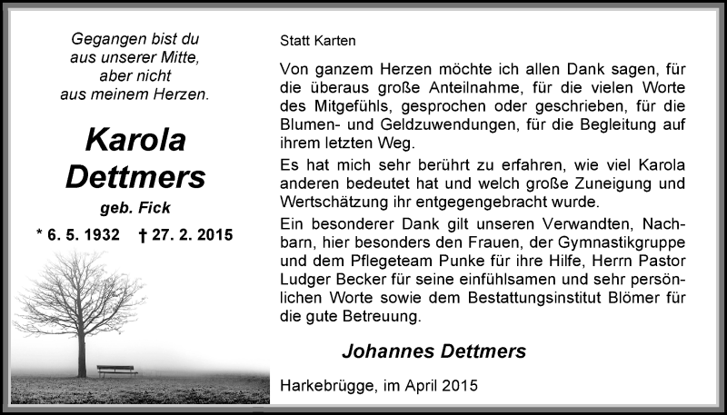  Traueranzeige für Karola Dettmers vom 25.04.2015 aus Nordwest-Zeitung