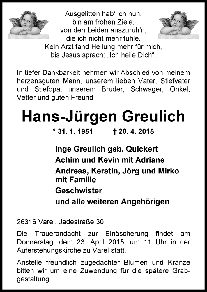  Traueranzeige für Hans-Jürgen Greulich vom 22.04.2015 aus Nordwest-Zeitung