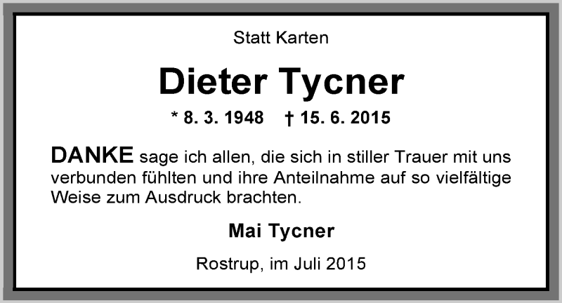  Traueranzeige für Dieter Tycner vom 23.07.2015 aus Nordwest-Zeitung