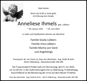 Traueranzeige von Anneliese Ihmels von Nordwest-Zeitung