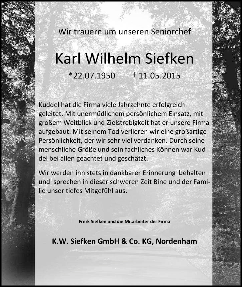 Traueranzeige für Karl Wilhelm Siefken vom 15.05.2015 aus Nordwest-Zeitung