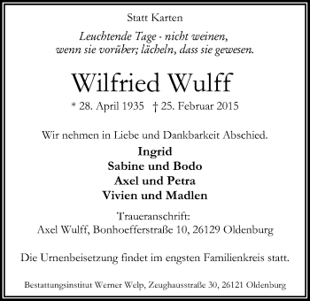 Traueranzeige von Wilfried Wulff von Nordwest-Zeitung