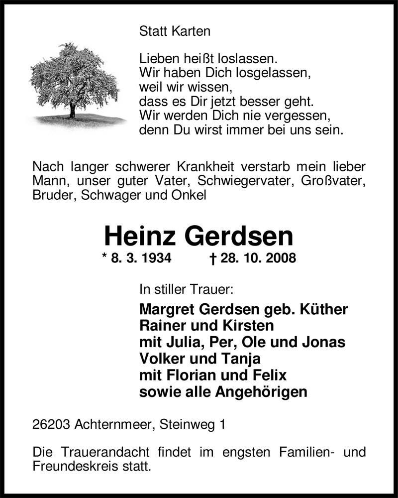  Traueranzeige für Heinz Gerdsen vom 29.10.2008 aus Nordwest-Zeitung