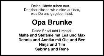 Traueranzeige von Brunke Wardenburg von Nordwest-Zeitung