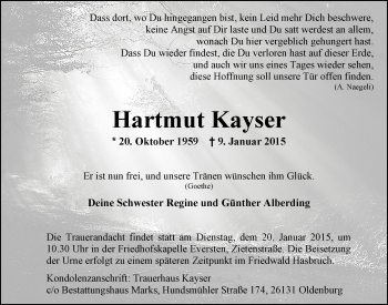 Traueranzeige von Hartmut Kayser von Nordwest-Zeitung