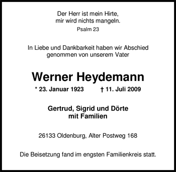 Traueranzeige von Werner Heydemann von Nordwest-Zeitung