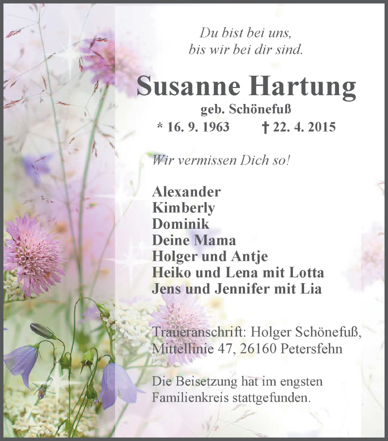  Traueranzeige für Susanne Hartung vom 08.05.2015 aus Nordwest-Zeitung