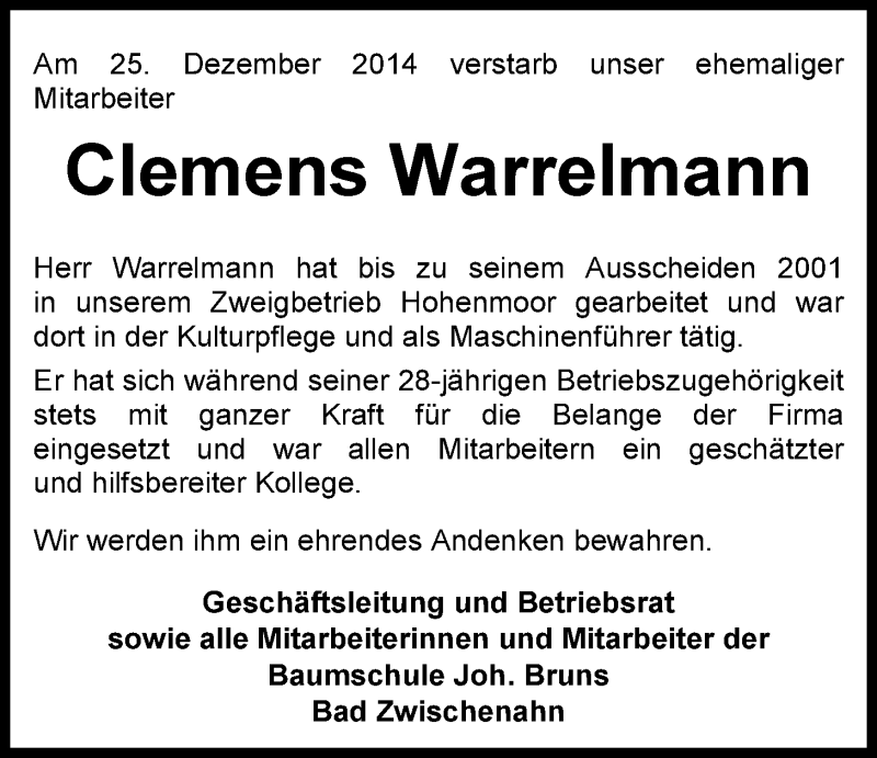 Traueranzeige für Clemens Warrelmann vom 30.12.2014 aus Nordwest-Zeitung