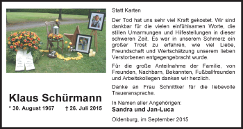 Traueranzeige von Klaus Schürmann von Nordwest-Zeitung