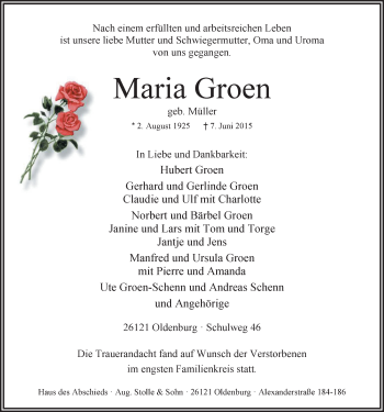 Traueranzeige von Maria Groen von Nordwest-Zeitung