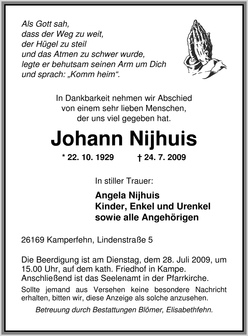  Traueranzeige für Johann Nijhuis vom 27.07.2009 aus Nordwest-Zeitung