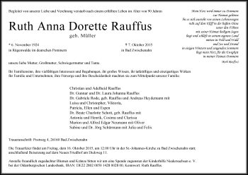 Traueranzeige von Ruth Anna Dorette Rauffus von Nordwest-Zeitung