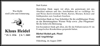 Traueranzeige von Klaus Heidel von Nordwest-Zeitung