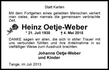 Traueranzeige von Heinz Oetje-Weber von Nordwest-Zeitung