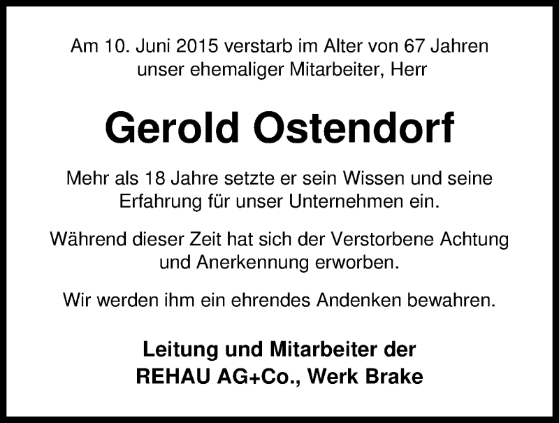  Traueranzeige für Gerold Ostendorf vom 30.06.2015 aus Nordwest-Zeitung