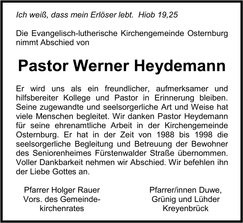  Traueranzeige für Werner Heydemann vom 21.07.2009 aus Nordwest-Zeitung