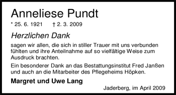 Traueranzeige von Anneliese Pundt von Nordwest-Zeitung