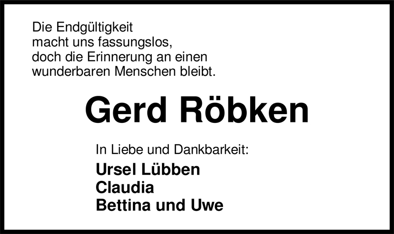  Traueranzeige für Gerd Röbken vom 19.02.2009 aus Nordwest-Zeitung