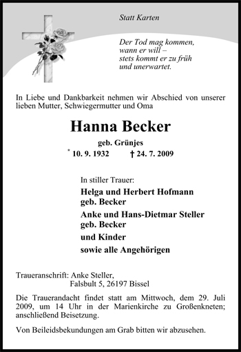 Traueranzeige von Hanna Becker von Nordwest-Zeitung