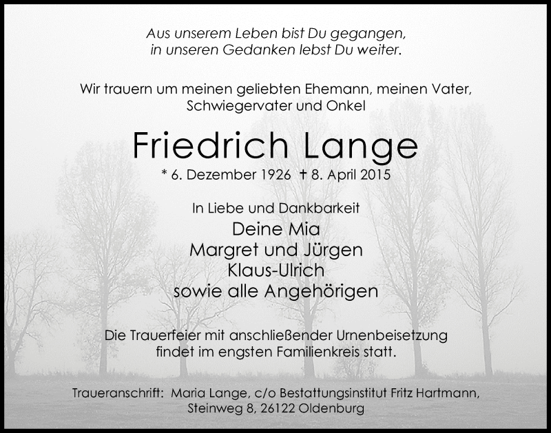  Traueranzeige für Friedrich Lange vom 11.04.2015 aus Nordwest-Zeitung