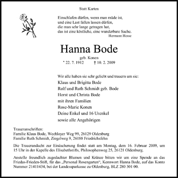 Traueranzeige von Hanna Bode von Nordwest-Zeitung