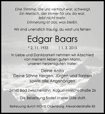 Traueranzeige von Edgar Baars von Nordwest-Zeitung