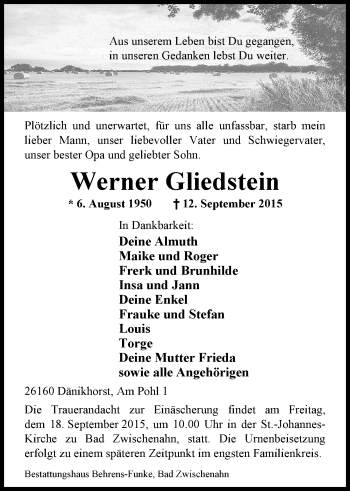 Traueranzeige von Werner Gliedstein von Nordwest-Zeitung