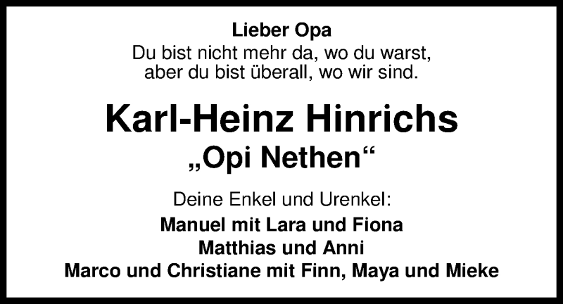  Traueranzeige für Karl-Heinz Hinrichs vom 07.09.2015 aus Nordwest-Zeitung