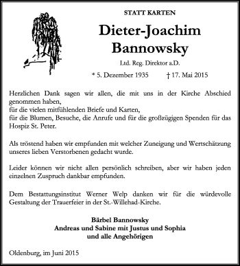 Traueranzeige von Dieter-Joachim Bannowsky von Nordwest-Zeitung