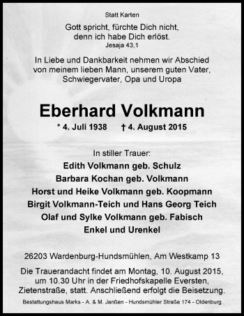 Traueranzeige von Eberhard Volkmann von Nordwest-Zeitung