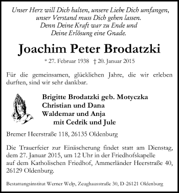 Traueranzeige von Joachim Peter Brodatzki von Nordwest-Zeitung