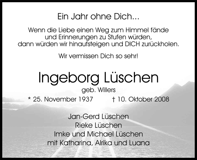  Traueranzeige für Ingeborg Lüschen vom 10.10.2009 aus Nordwest-Zeitung
