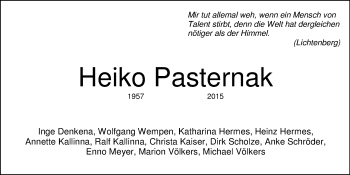Traueranzeige von Heiko Pasternak von Nordwest-Zeitung