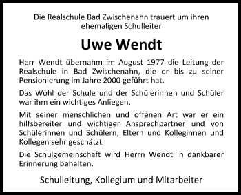 Traueranzeige von Uwe Wendt von Nordwest-Zeitung