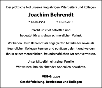 Traueranzeige von Joachim Behrendt von Nordwest-Zeitung