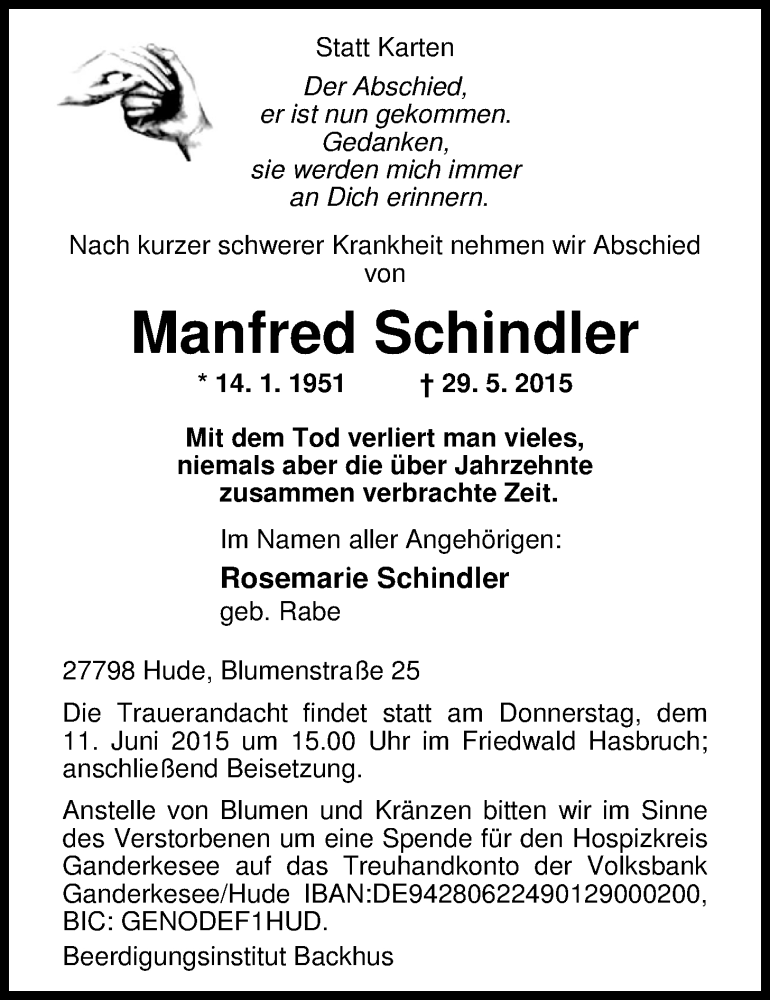 Traueranzeigen von Manfred Schindler | nordwest-trauer.de