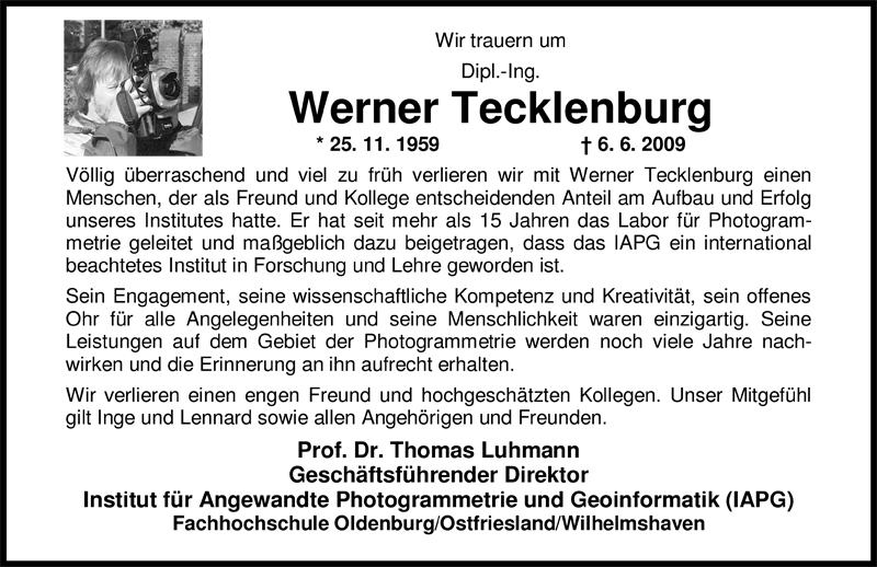  Traueranzeige für Werner Tecklenburg vom 09.06.2009 aus Nordwest-Zeitung