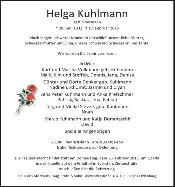 Traueranzeige von Helga Kuhlmann von Nordwest-Zeitung