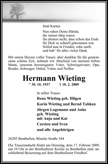 Traueranzeige von Hermann Wieting von Nordwest-Zeitung