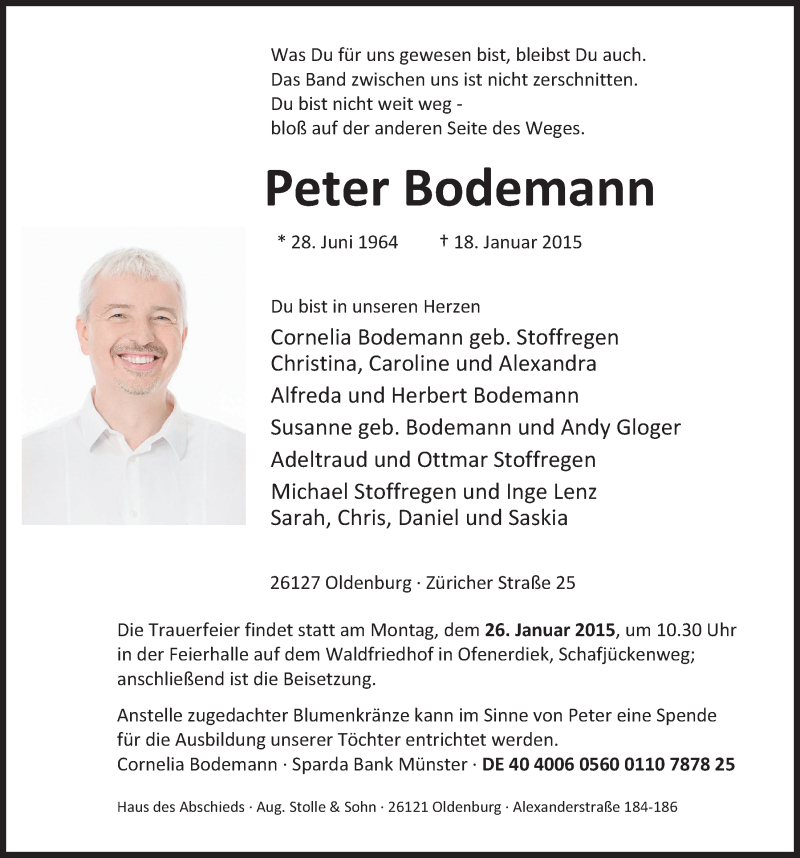  Traueranzeige für Peter Bodemann vom 22.01.2015 aus Nordwest-Zeitung