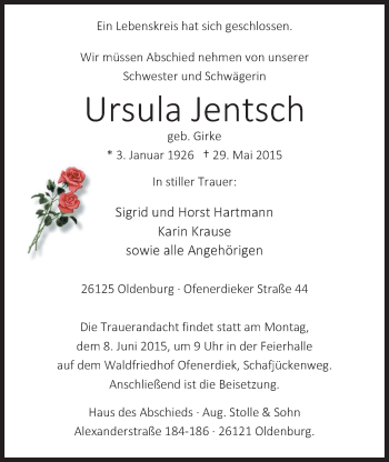 Traueranzeige von Ursula Jentsch von Nordwest-Zeitung