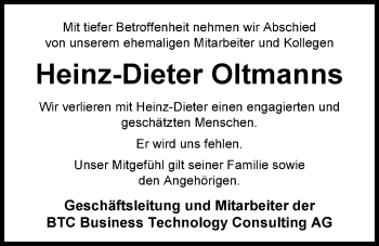 Traueranzeige von Heinz-Dieter Oltmanns von Nordwest-Zeitung