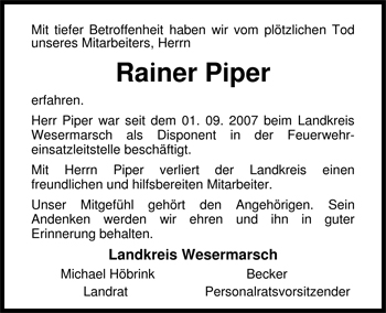 Traueranzeige von Rainer Piper von Nordwest-Zeitung