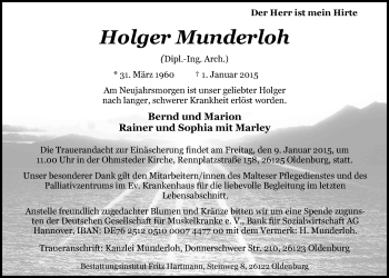 Traueranzeige von Holger Munderloh von Nordwest-Zeitung