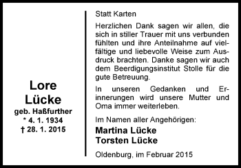 Traueranzeige von Lore Lücke von Nordwest-Zeitung