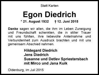 Traueranzeige von Egon Diedrich von Nordwest-Zeitung